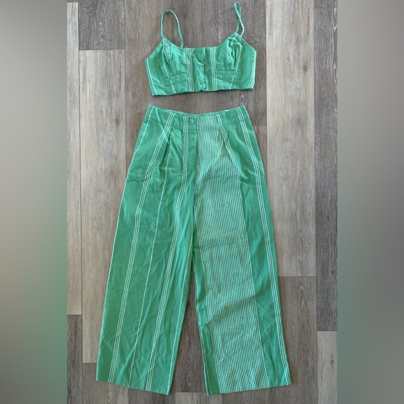FREE PEOPLE SET Casual Friday Green Stripe Pants & Tank Top - Picture 5 of 16